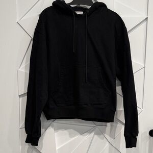 Good American Black Hooded Pullover Sweatshirt with Kangaroo Pocket